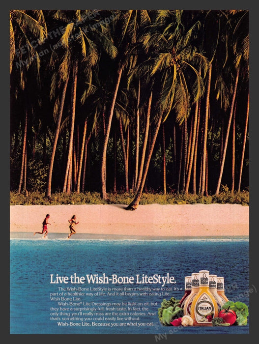1987 Wish-bone Dressing Beach Palm Trees Running Couple Print Advertisement Ad