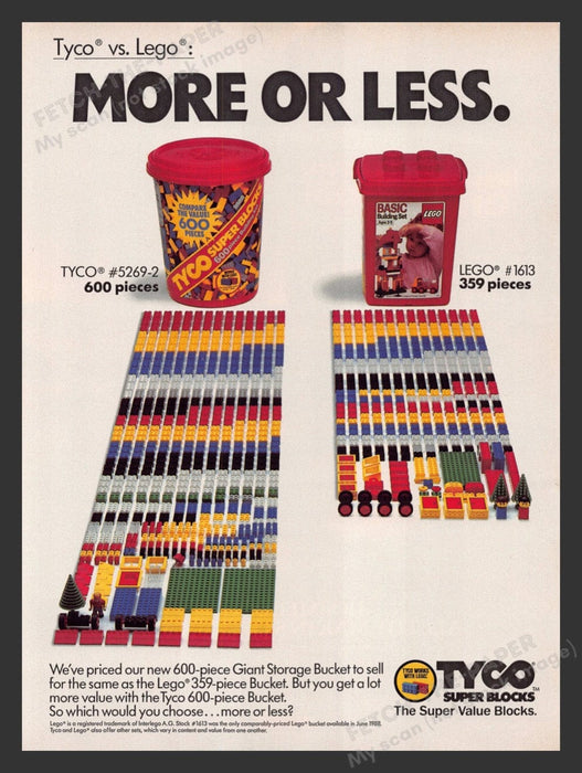 1988 Tyco Super Blocks Vs. Lego Print Advertisement Ad