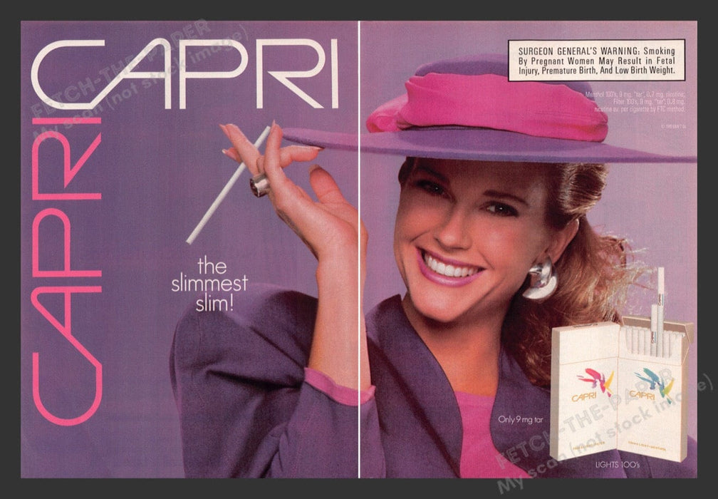 1989 Capri Slims Cigarettes Purple Sexy Print Advertisement (2 Pages)