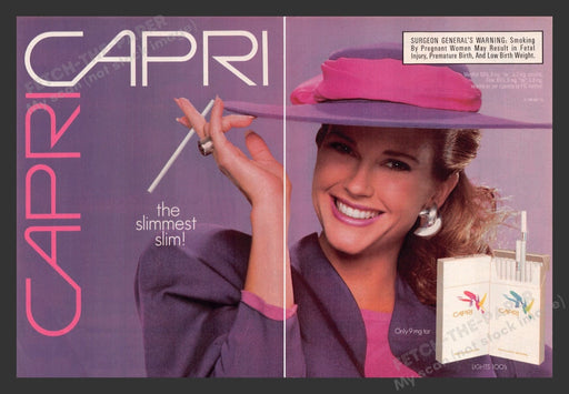 1989 Capri Slims Cigarettes Purple Sexy Print Advertisement (2 Pages)
