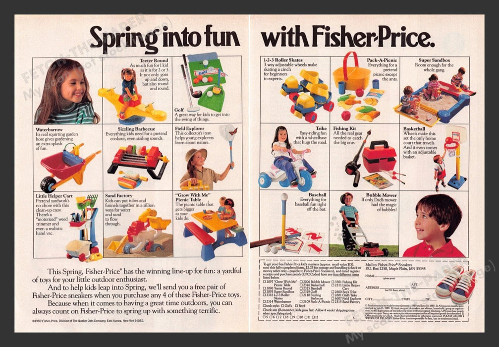 1989 Fisher Price Spring Into Fun Toy Lineup Print Advertisement (2 Pages)