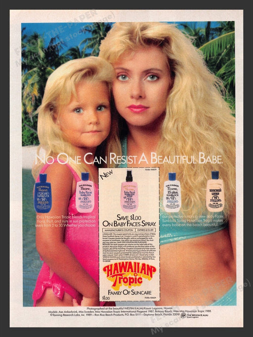 1989 Hawaiian Tropic Blonde Mom & Young Daughter Tan Print Advertisement Ad