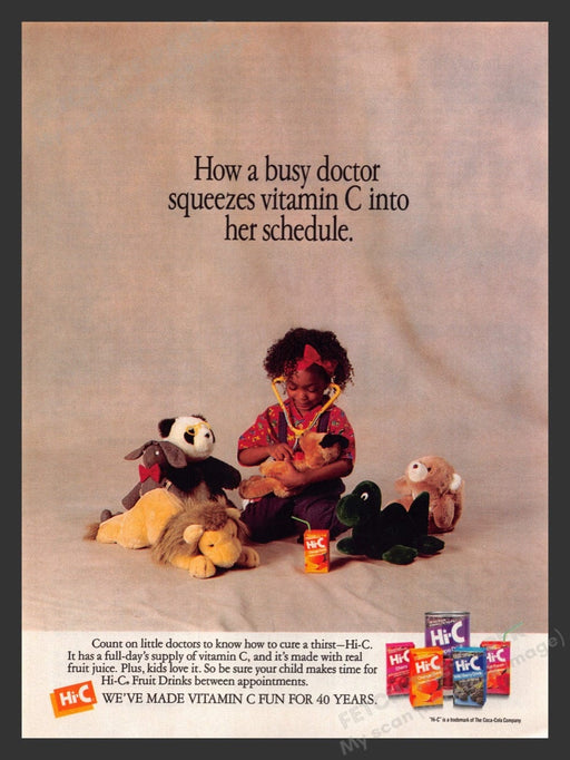 1989 Hi-C Little Girl Doctor Stuffed Animals Drink Print Advertisement Ad