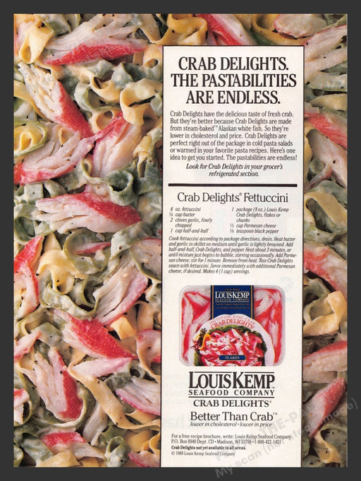 1989 Louis Kemp Crab Delights Fettuccini Recipe Print Advertisement Ad