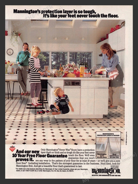 1989 Mannington Never-Wax Floors Kitchen Family Print Advertisement Ad