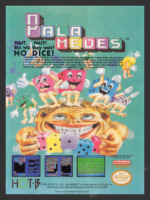 1990 Palamedes Dice Shooting Puzzle Video Game Print Advertisement Fetch the Paper!
