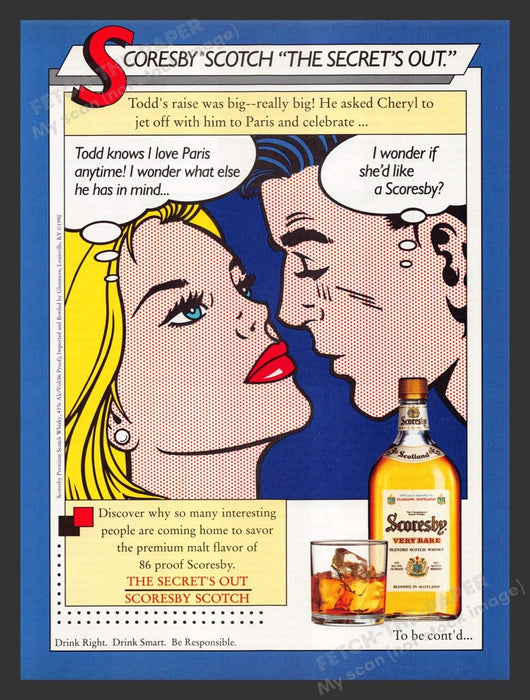1990 Scoresby Scotch "The Secret's Out" Print Advertisement Ad