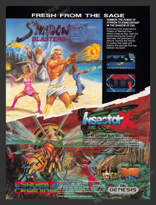 1990 Shadow Blasters & Insector X Video Games Print Advertisement Fetch the Paper!