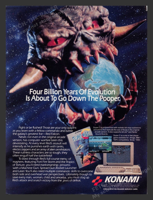 1990 Super C "4 Billion years of evolution down the pooper!" Video Game Print Ad Fetch the Paper!