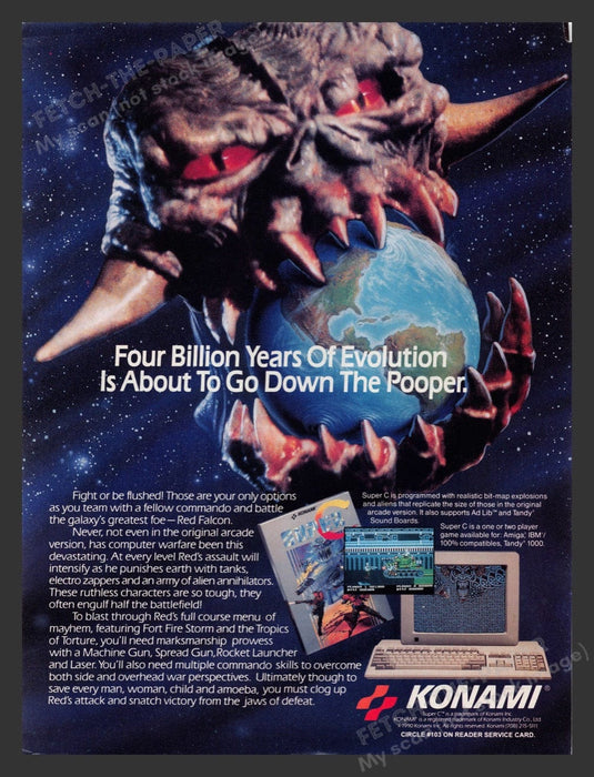 1990 Super C "4 Billion years of evolution down the pooper!" Video Game Print Ad Fetch the Paper!