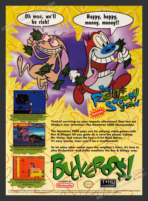 1993 Print Advertisement The Ren & Stimpy Show Buckeroos! Video Game Ad.