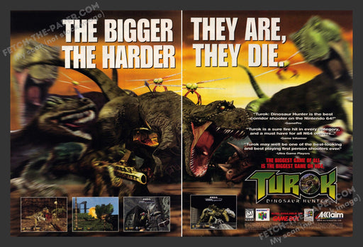 1997 Print Advertisement 2 Page Turok: Dinosaur Hunter Video Game Ad.