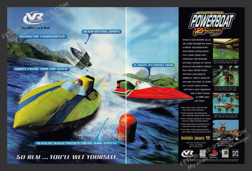 1997 Print Advertisement 2 Page VR Sport Powerboat Rally Video Game Ad.