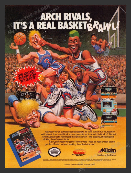 1991 Arch Rivals "Basketball Brawl!" Video Game Print Advertisement Fetch the Paper!