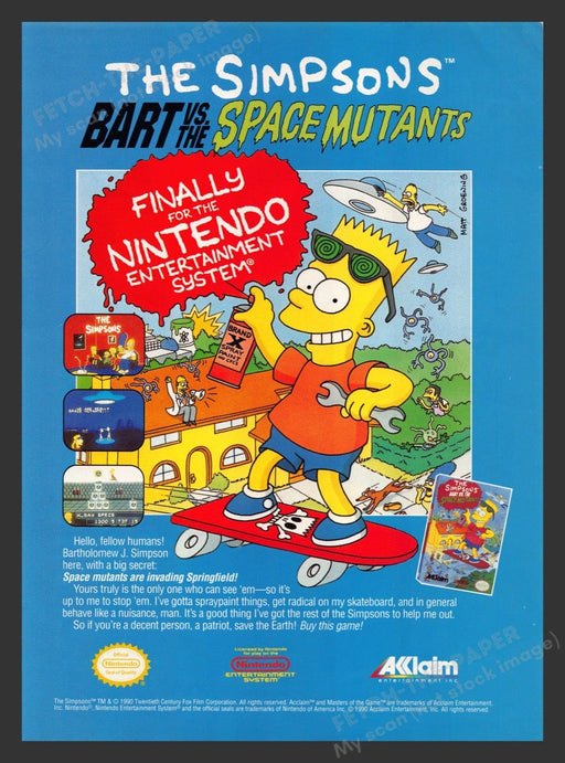 1991 Bart Simpson Vs. Space Mutants Video Game Print Advertisement