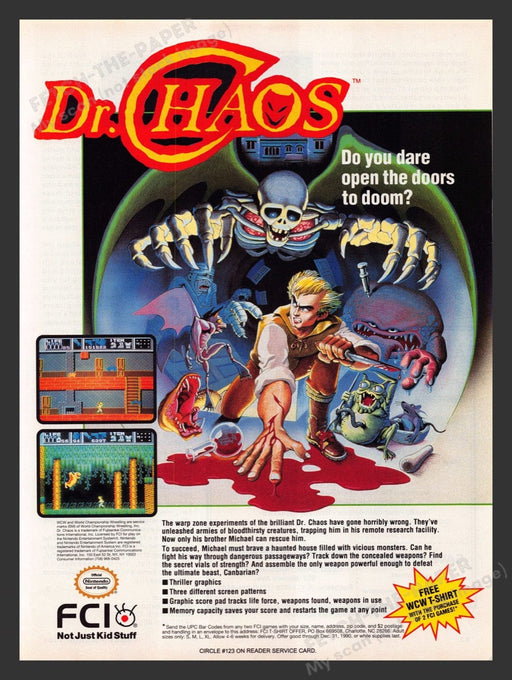 1991 Dr. Chaos Video Game Print Advertisement Fetch the Paper!