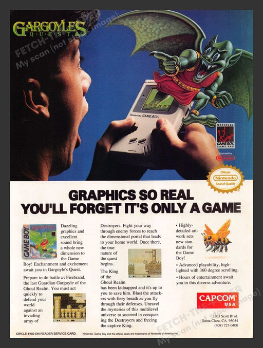1991 Gargoyles Quest Game Boy Video Game Print Advertisement Fetch the Paper!