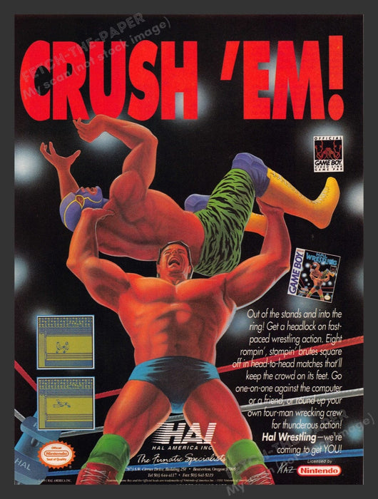 1991 Hal Wrestling "Crush 'Em!" Video Game Print Advertisement Fetch the Paper!