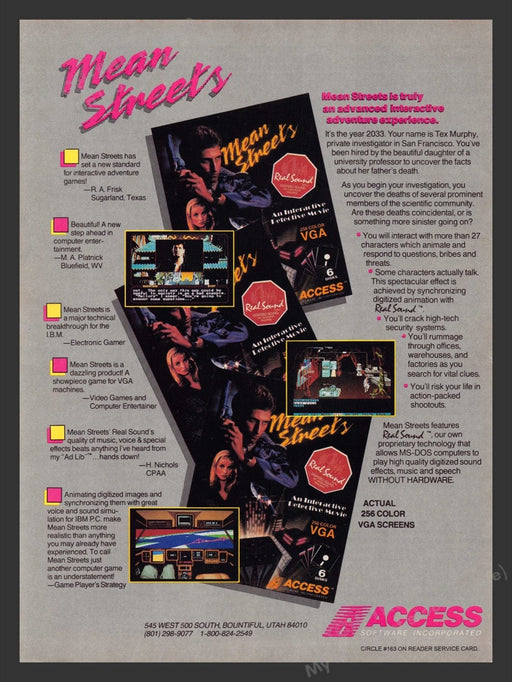 1991 Mean Streets Video Game Print Advertisement Fetch the Paper!
