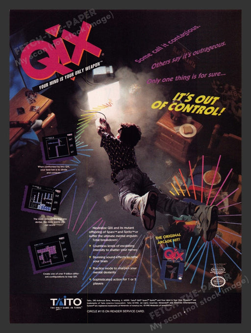 1991 Qix "You mind is your only weapon" Video Game Print Advertisement Fetch the Paper!