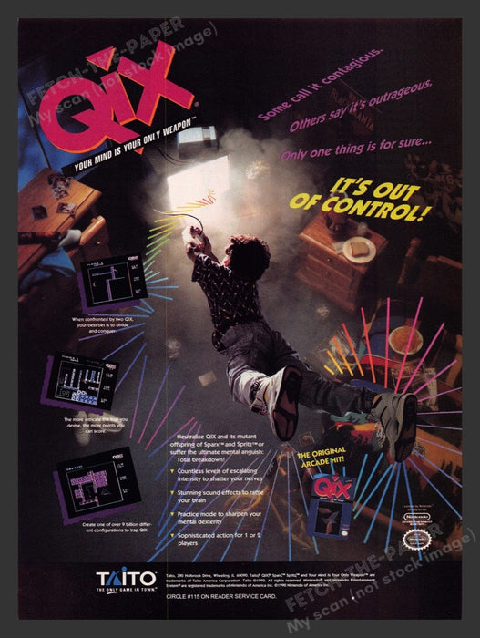 1991 Qix "You mind is your only weapon" Video Game Print Advertisement Fetch the Paper!