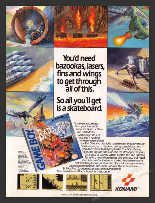1991 Skate or Die: Bad 'n Rad Video Game Print Advertisement Fetch the Paper!