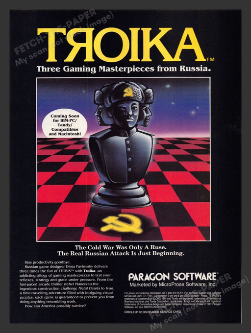 1991 Troika "Gaming masterpieces from Russia" Video Game Print Advertisement Fetch the Paper!