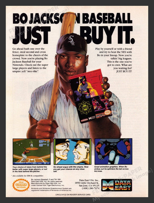 1992 Bo Jackson Baseball "Just Buy It" Video Game Print Advertisement Fetch the Paper!