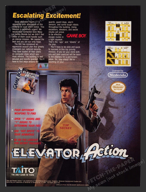 1992 Elevator Action "Escalating Excitement" Video Game Print Advertisement Fetch the Paper!