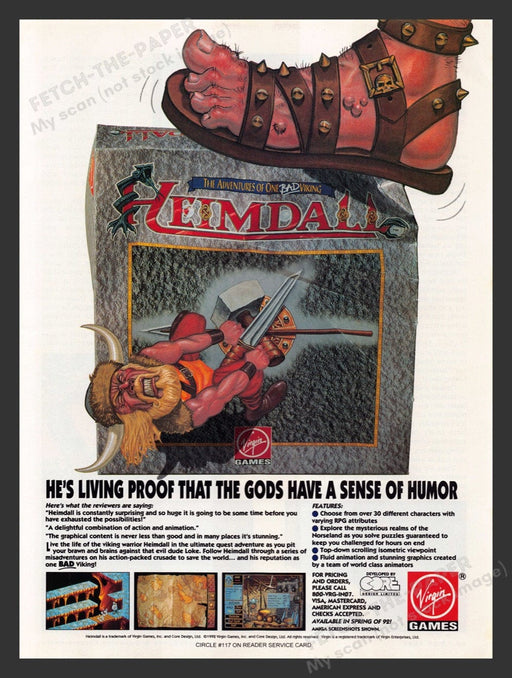 1992 Heimdall "The Gods have a sense of humor" Video Game Print Advertisement Fetch the Paper!