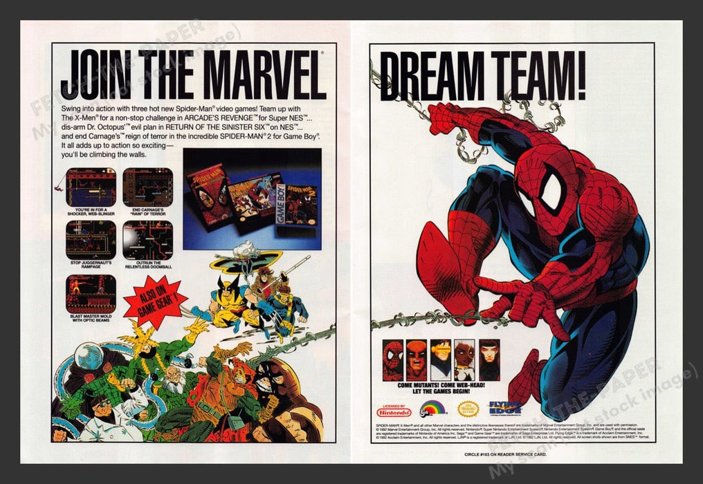 1992 Join the Marvel Dream Team Spiderman Video Game Print Advertisement (2 pgs)