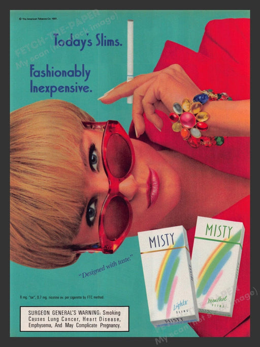 1992 Misty Cigarettes "Fashionably Inexpensive" Print Advertisement Ad