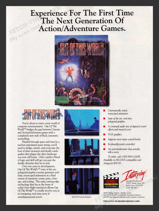 1992 Out of this World Action/ Adventure Video Game Print Advertisement Fetch the Paper!