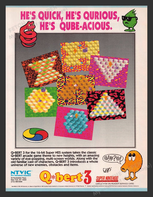 1992 Qbert 3 He's Qube-acious! Video Game Print Advertisement