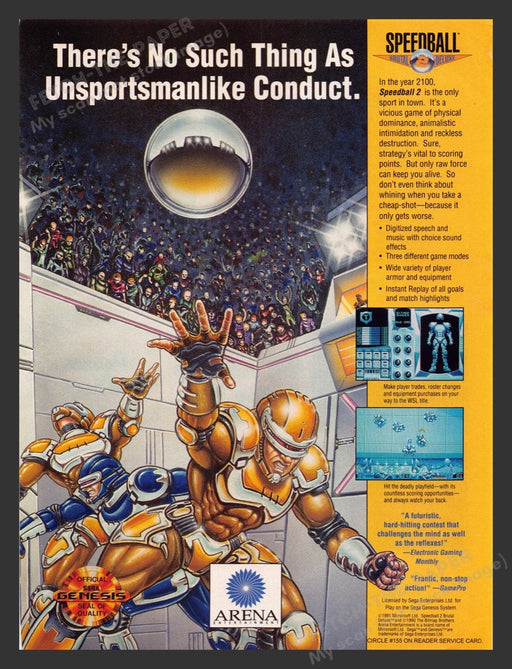 1992 Speedball 2: Brutal Deluxe Video Game Print Advertisement Fetch the Paper!