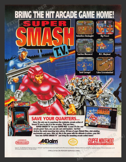 1992 Super Smash T.V. Hit Arcade Video Game Print Advertisement