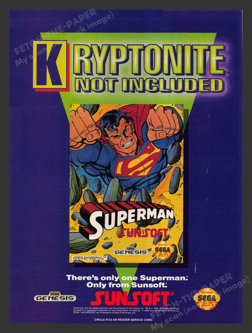 1992 Superman "Kryptonite not included" Video Game Print Advertisement Fetch the Paper!
