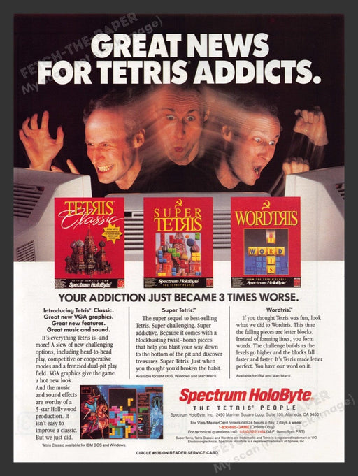 1992 Tetris "Great news for Tetris addicts" Video Game Print Advertisement Fetch the Paper!
