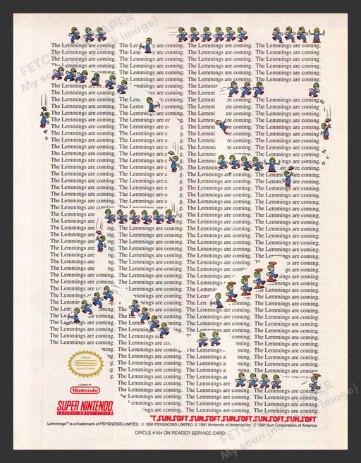 1992 The Lemmings Are Coming! Video Game Print Advertisement