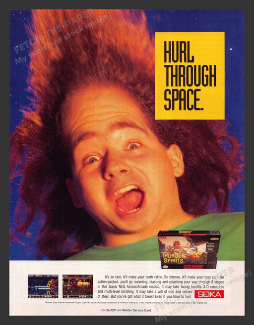 1992 Thunder Spirits "Hurl Through Space" Video Game Print Advertisement