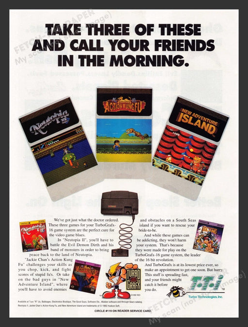 1992 TurboGrafx-16 Assortment Video Game Print Advertisement Fetch the Paper!