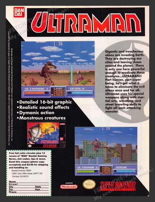 1992 Ultraman Ban Dai Video Game Print Advertisement