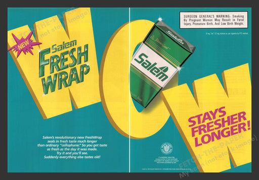 1992 WOW Salem Fresh Wrap Cigarettes Print Advertisement (2 Pages)