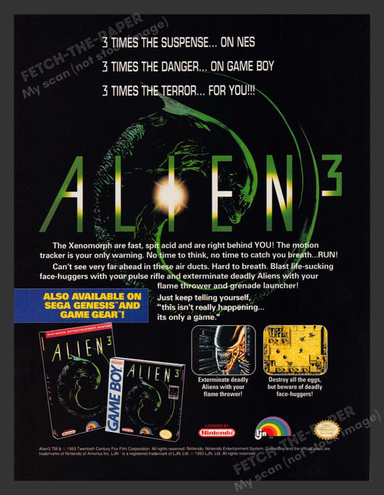 1993 Alien 3 Video Game Print Advertisement
