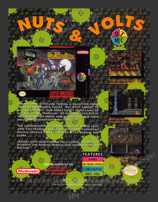 1993 Dr. Franken Nuts & Volts Video Game Print Advertisement
