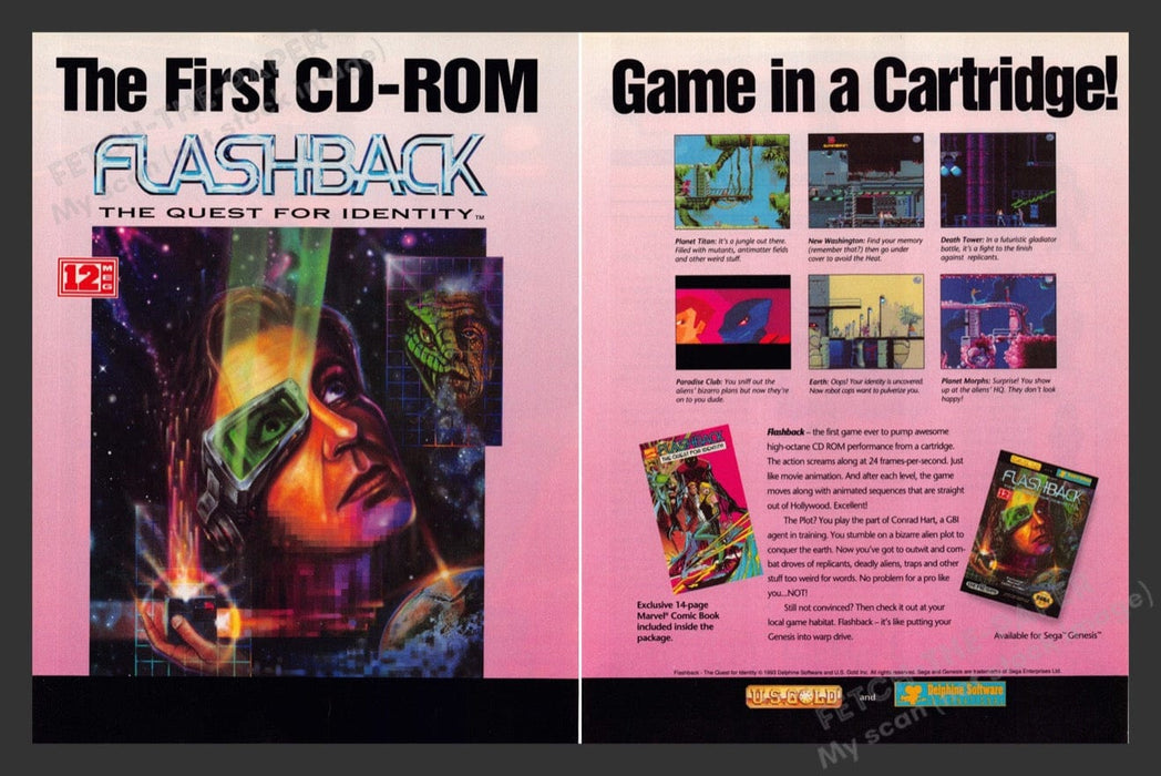1993 Flashback: The Quest for Identity Video Game Print Advertisement (2 Pages)