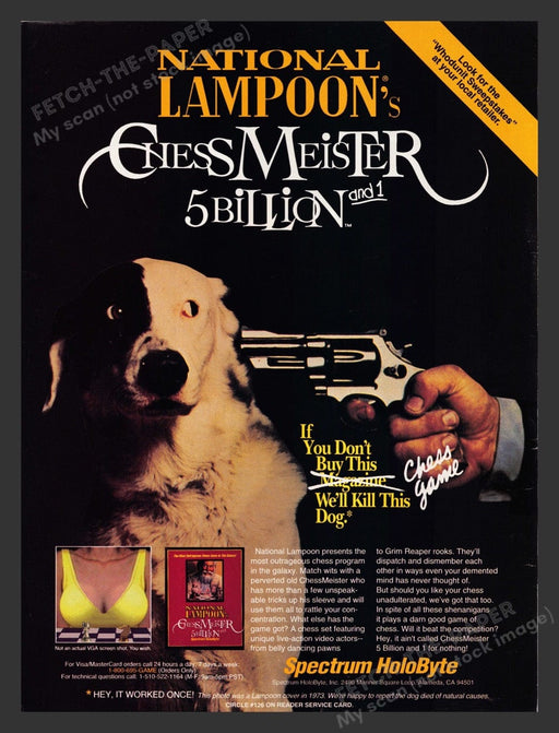 1993 National Lampoon: Chess Meister Dog & Gun Video Game Print Advertisement Fetch the Paper!