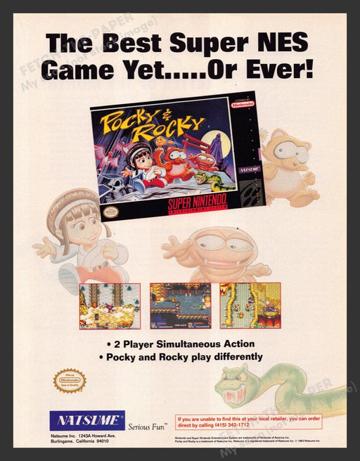 1993 Pocky & Rocky "The best game yet!" Video Game Print Advertisement