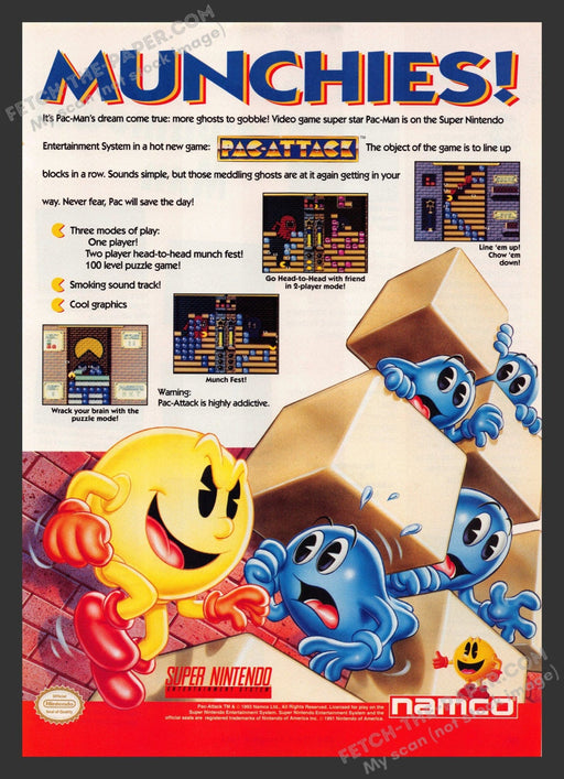 1993 Print Advertisement Pac-Man Pac-Attack Munchies! Video Game Ad.