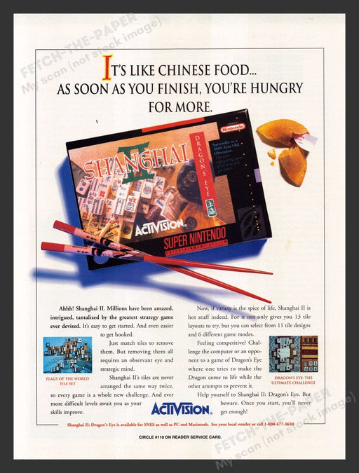 1993 Shanghai II: Dragon's Eye Video Game Print Advertisement Fetch the Paper!